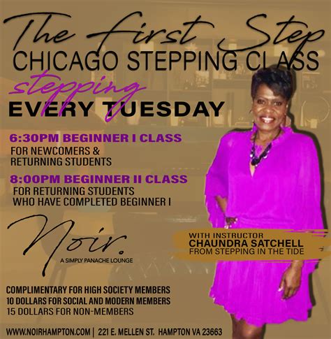 Stepping classes near me - New Stepping Classes Starting or Already Started. This list includes beginners, intermediate and advanced classes for men and women wanting to learn how to step. From this list, Chicago stepping classes are available in Virginia, California, Ohio, Illinois, Texas, Nevada, Mississippi, Louisiana, Indiana, Michigan, Georgia, Colorado, North ...